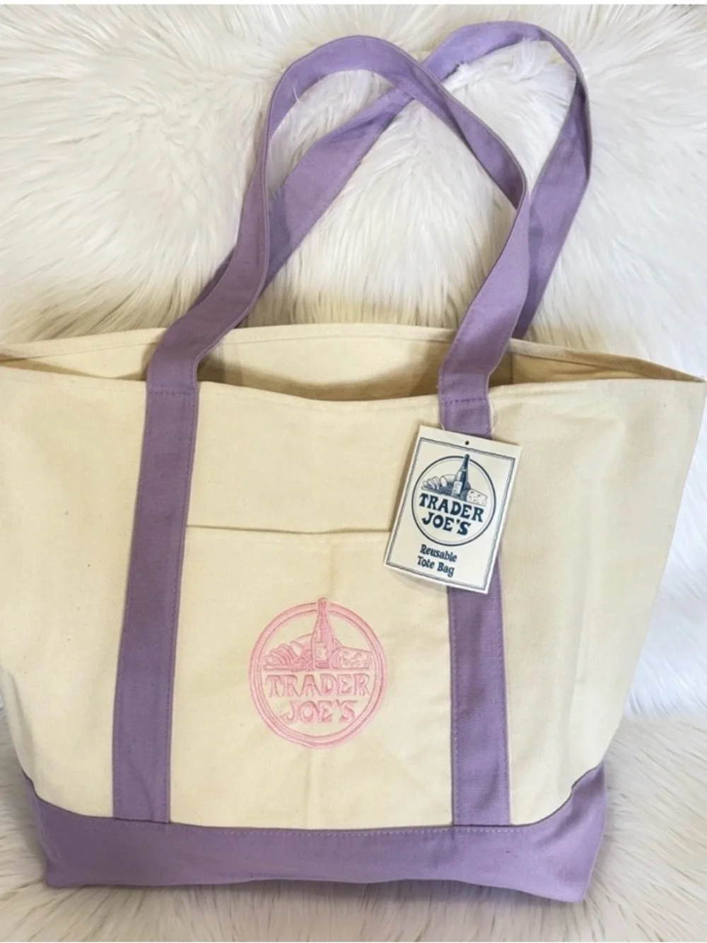 NWT Trader Joe's Large Pastel Canvas Tote Bag 2026 Limited Edition Lavender
